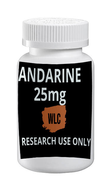 Andarine 25mg: 100 capsules, research use only.  Supplement bottle label.